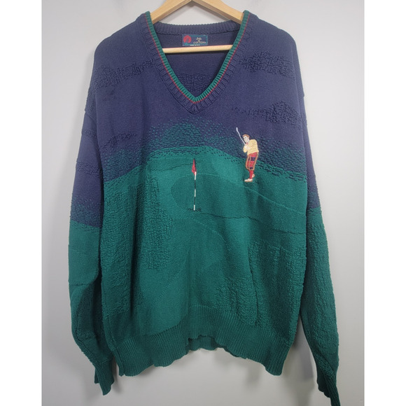 Isle of Cotton Sweater Mens XL Golf Player Embroidered V Neck USA Green Blue - Picture 1 of 14